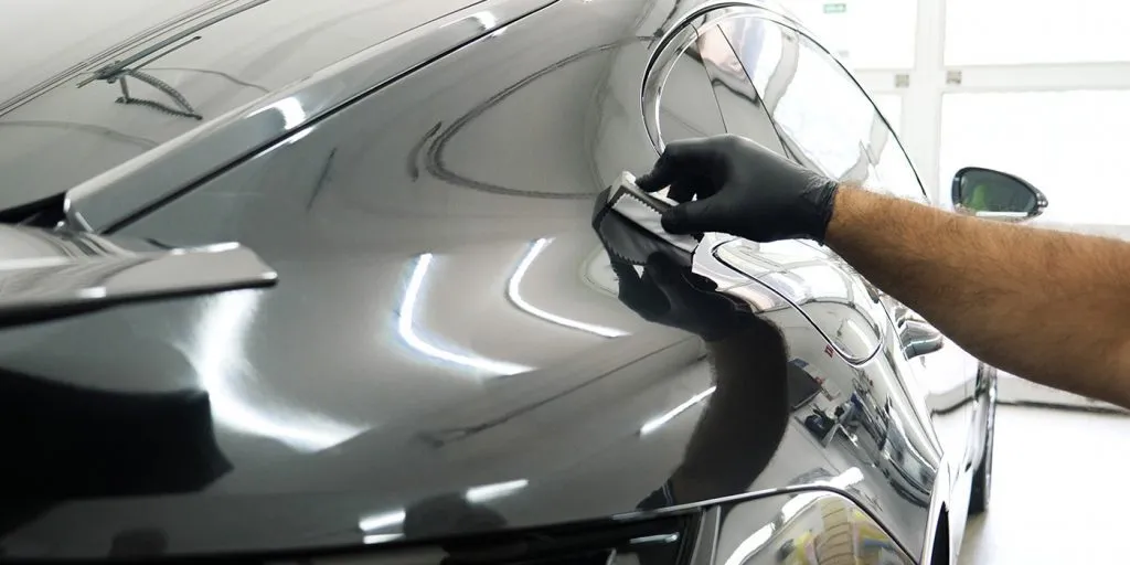 A close-up view of a technician wearing black gloves carefully using a squeegee tool to apply paint protection film or a gloss wrap to the rear quarter panel of a dark car.
