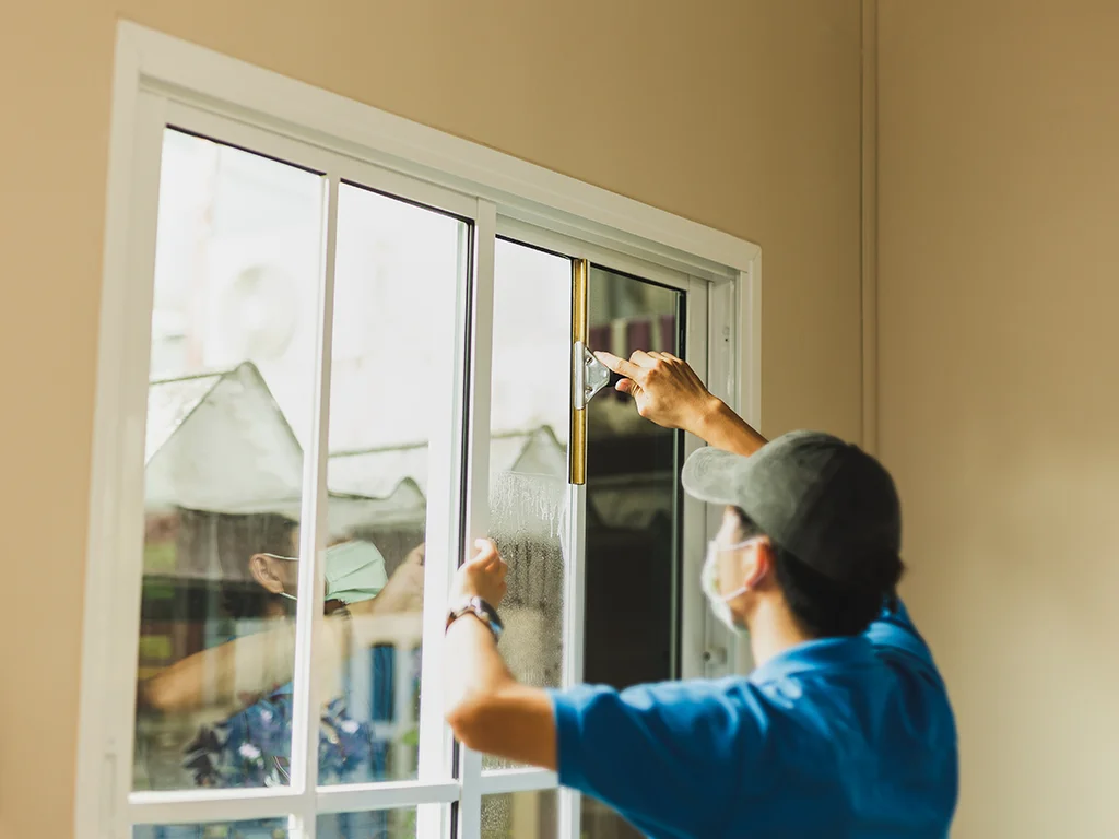 Technician wearing a mask and cap applying solar control film to a residential home window with a squeegee.