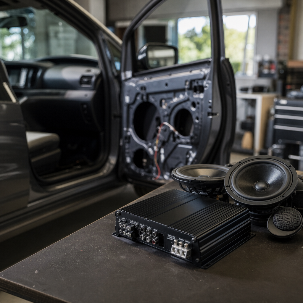 New aftermarket car audio speakers and a multi-channel amplifier resting on a workshop workbench next to a vehicle door with interior panel removed.